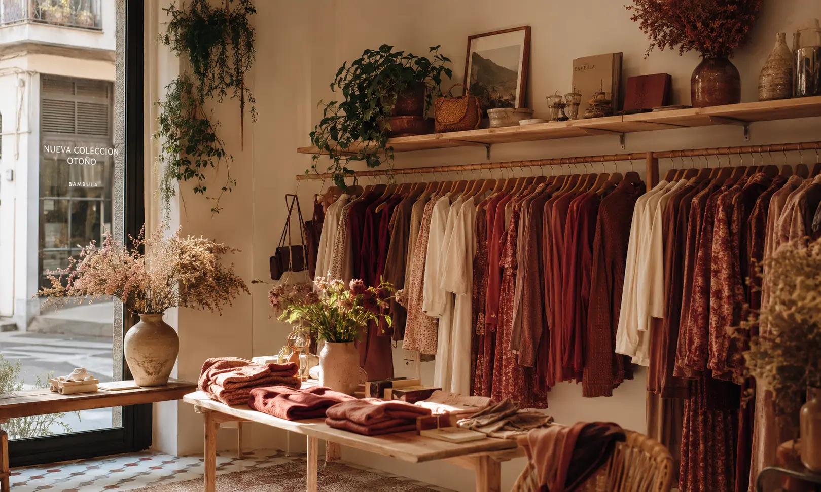 Interior cálido de la boutique Rhema by Michelle con percheros de ropa casual elegante